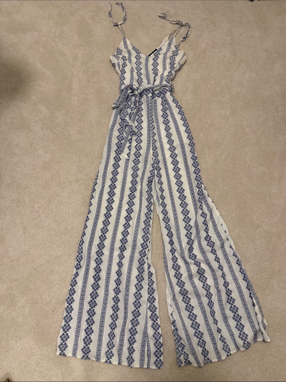 Blue & White Striped Wide-Leg Tie-Waist Jumpsuit